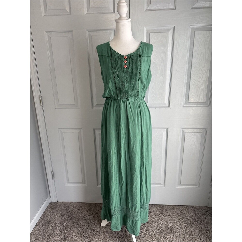 Matilda Jane Green Boho Maxi Dress Women’s M Crochet Hem Prairie Cottagecore